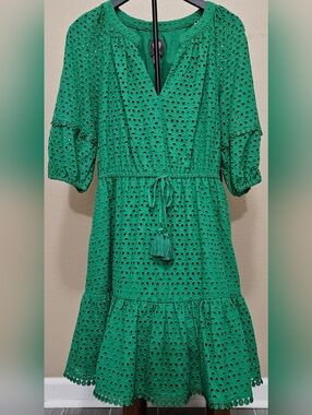 Green Eyelet Tassel Tie Waist Dress